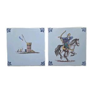 Westraven Delft Tile Pair Anno 1661 Hand Painted Medieval Archer & Castle Scenes